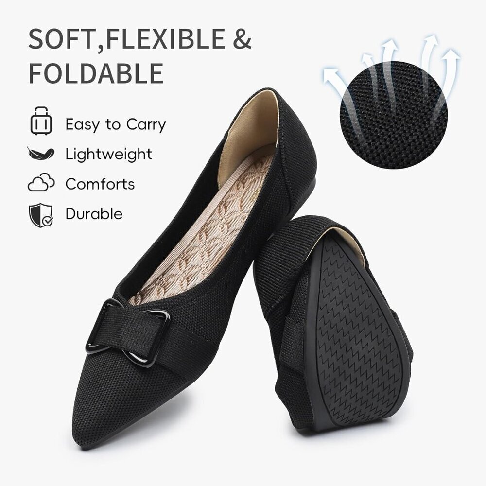 Women's Pointed Toe Flats Arch Support Dress Shoes Work Causal Ballets Black - Picture 2 of 9